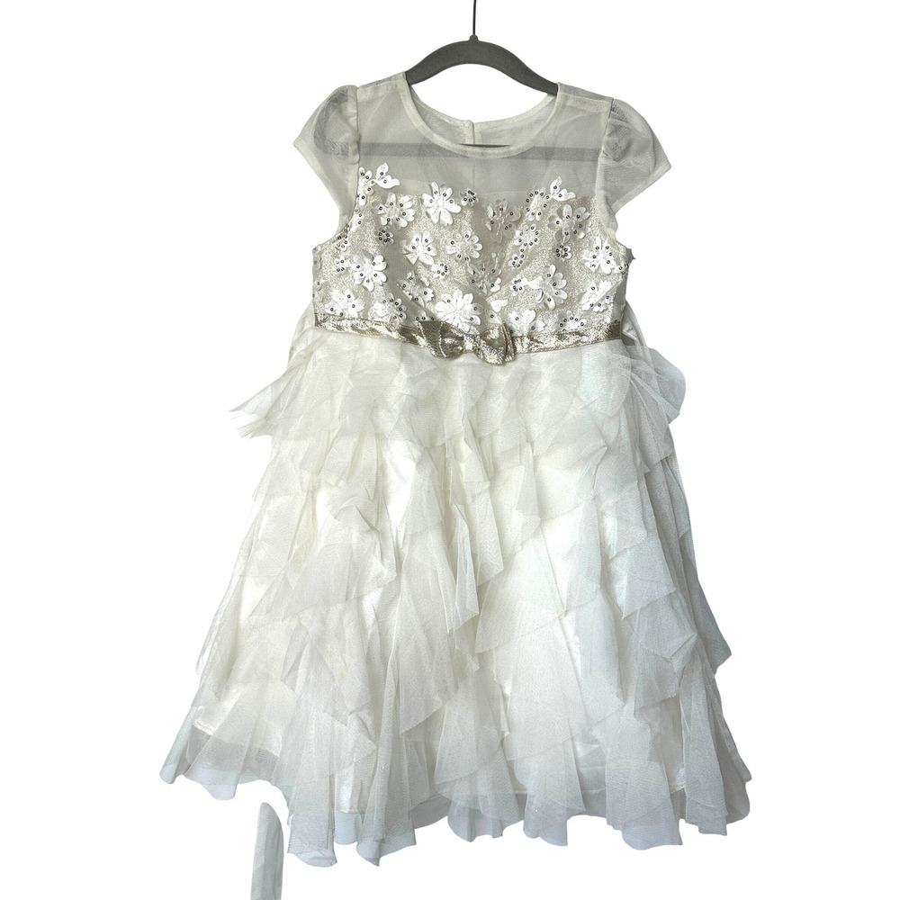 Jona Michelle Girls Ivory Tulle Party Dress Metallic White Sequin Size 5 CO5409